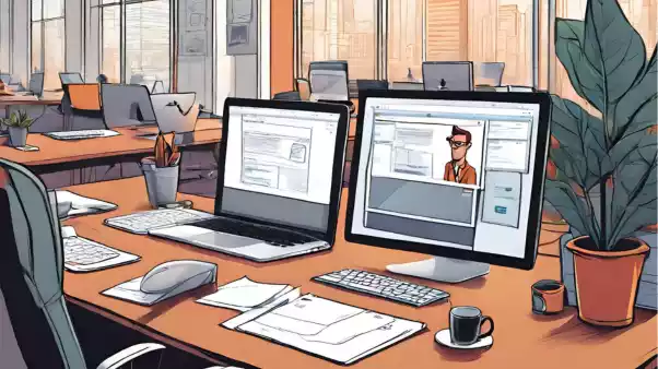 Illustration d'un bureau non occupé avec un ordinateur portable et un écran - Acquisition de talents - Skills Mag