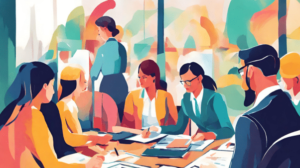 Financer le bilan de compétence de vos salariés en entreprise - Illustration minimaliste employés en formation en entreprise - Skills Mag