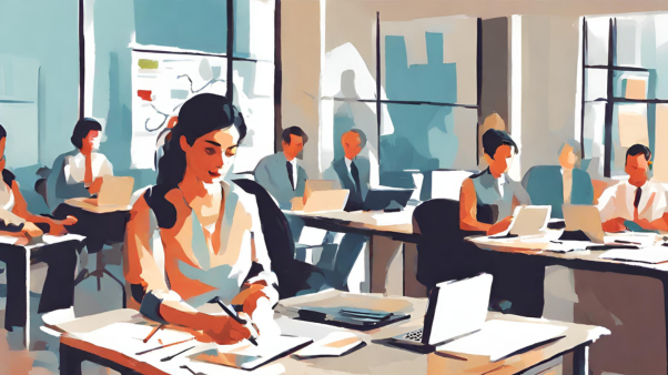 Financer le bilan de compétence de vos salariés en entreprise - Illustration minimaliste employés en formation en entreprise - Skills Mag